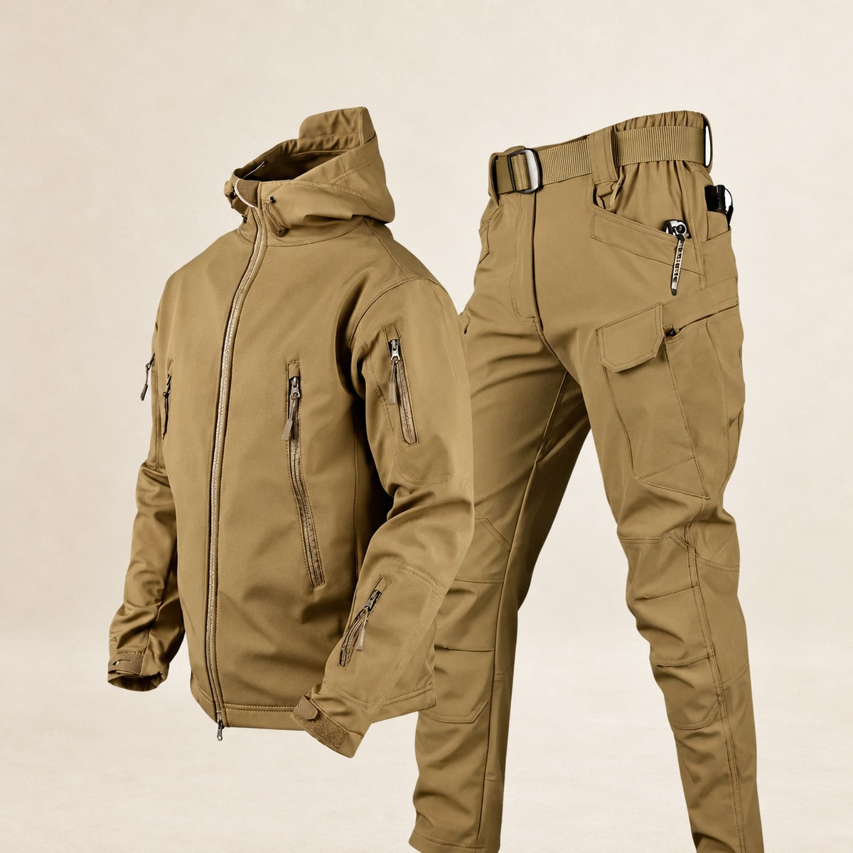 Conjunto de jaqueta tática e calças masculinas com múltiplos bolsos e ajuste ajustável
