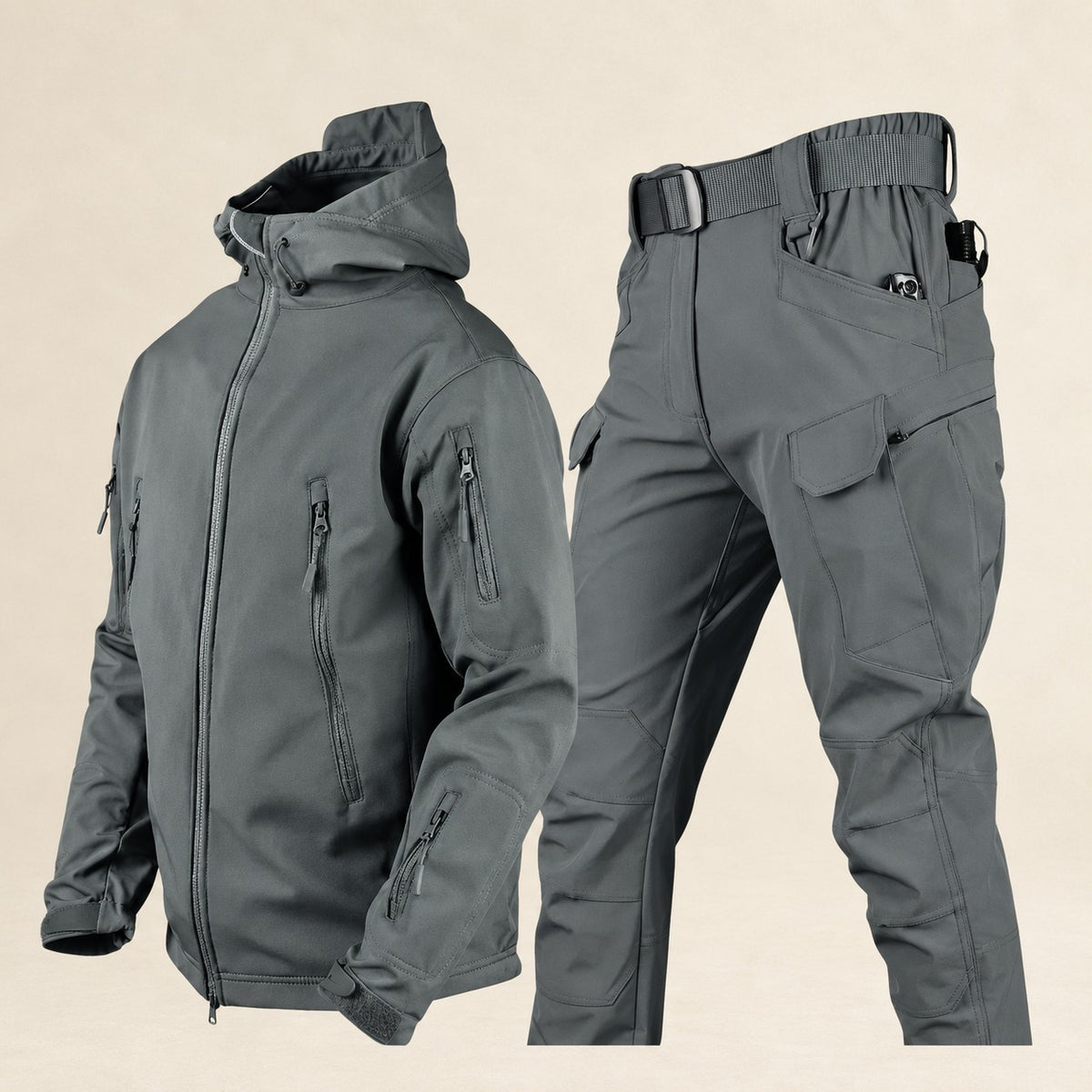 Conjunto de jaqueta tática e calças masculinas com múltiplos bolsos e ajuste ajustável