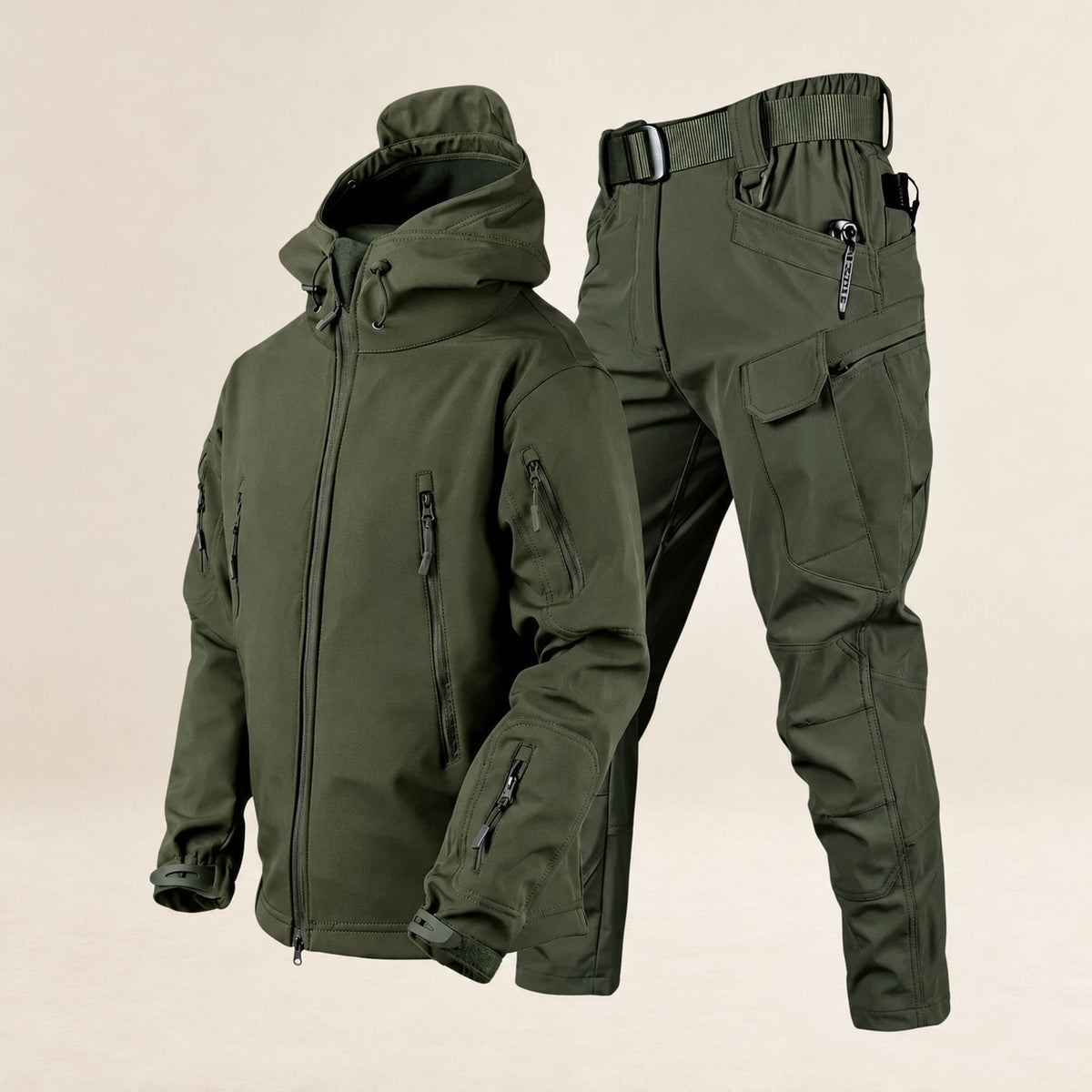Conjunto de jaqueta tática e calças masculinas com múltiplos bolsos e ajuste ajustável