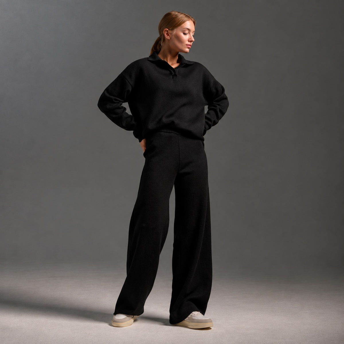 Conjunto de roupas de descanso feminino com gola polo, manga longa, corte relaxado e calça de perna larga