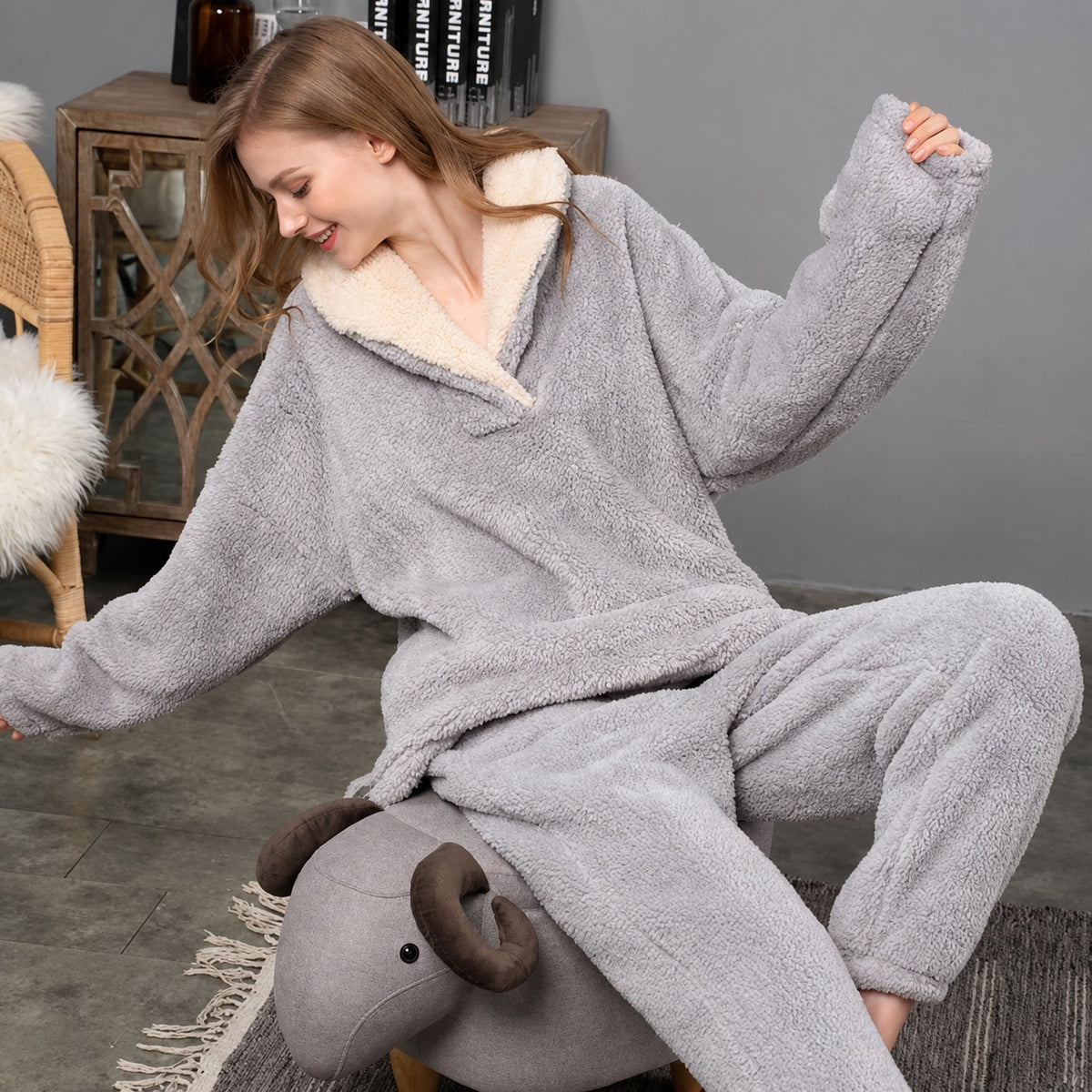 Conjunto de roupas de dormir feminino com blusa com capuz e calças