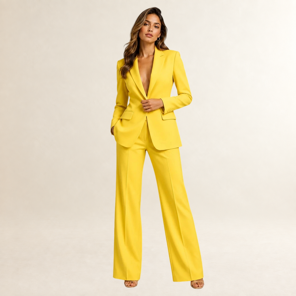 Conjunto de terno feminino blazer ajustado e calças de perna larga