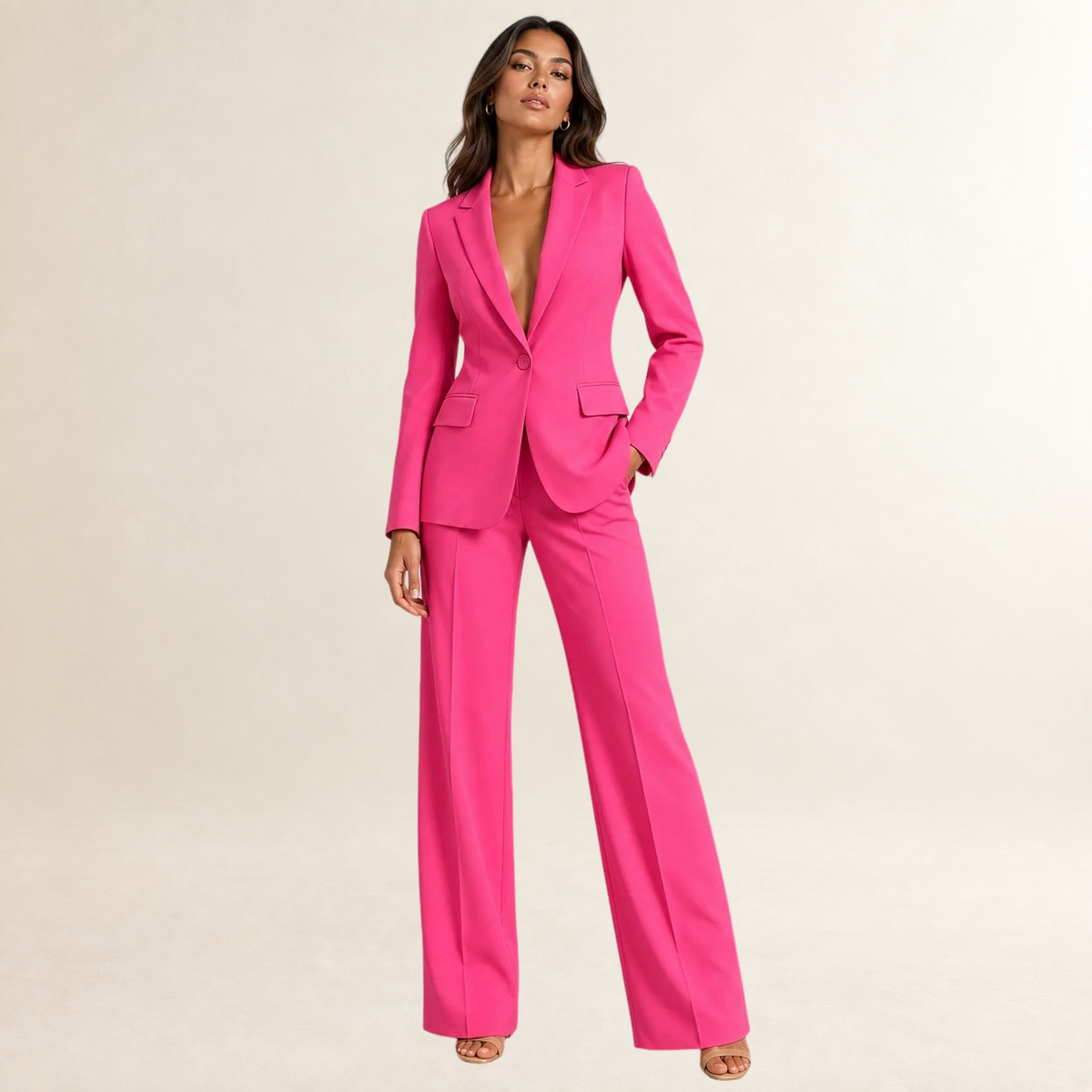 Conjunto de terno feminino blazer ajustado e calças de perna larga