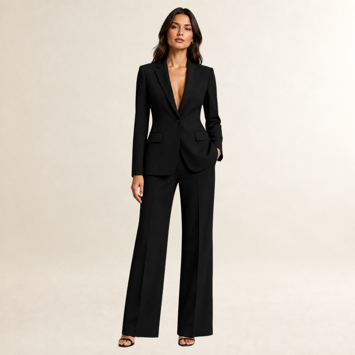 Conjunto de terno feminino blazer ajustado e calças de perna larga