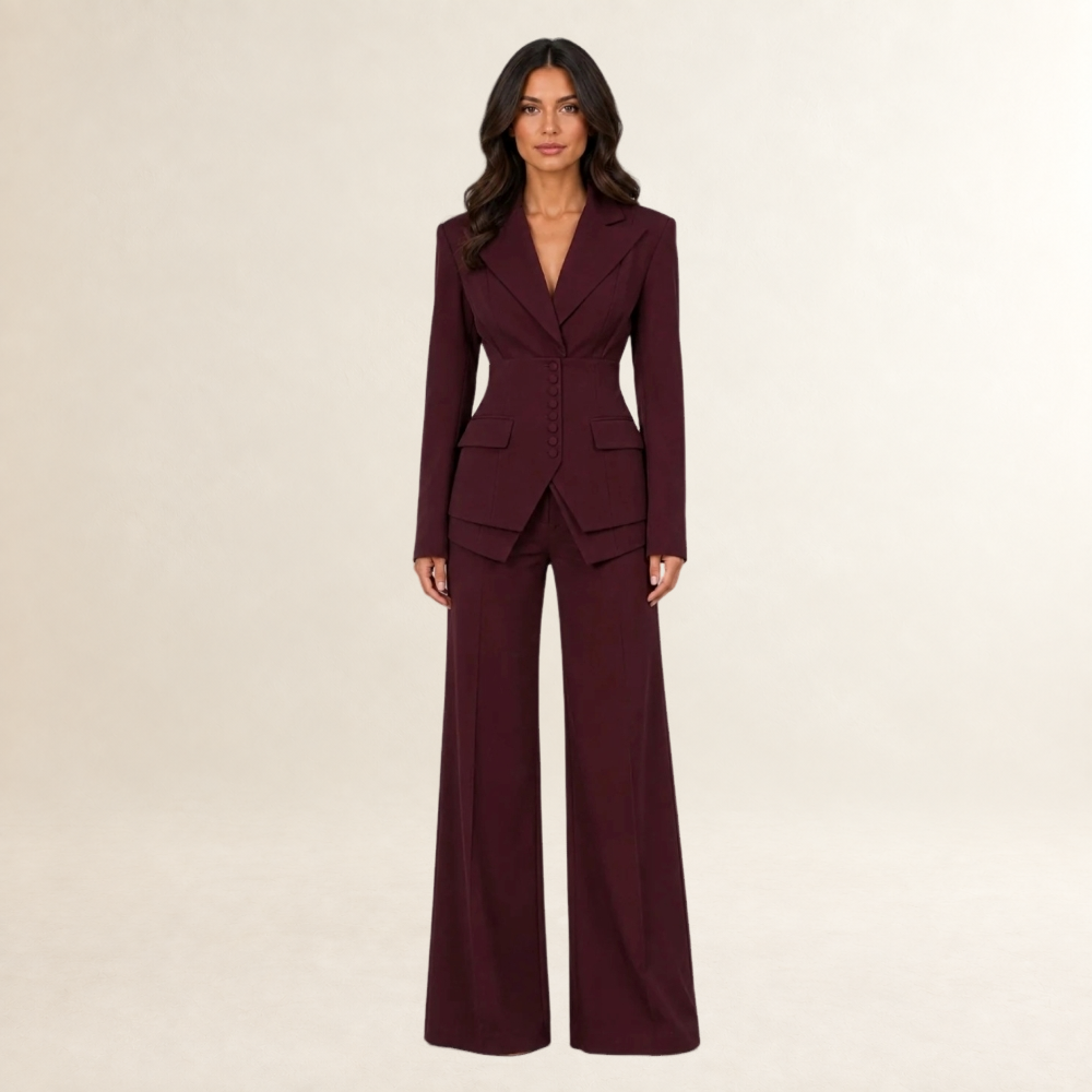 Conjunto de terno feminino de três peças com blazer de abotoamento duplo e calças de perna larga