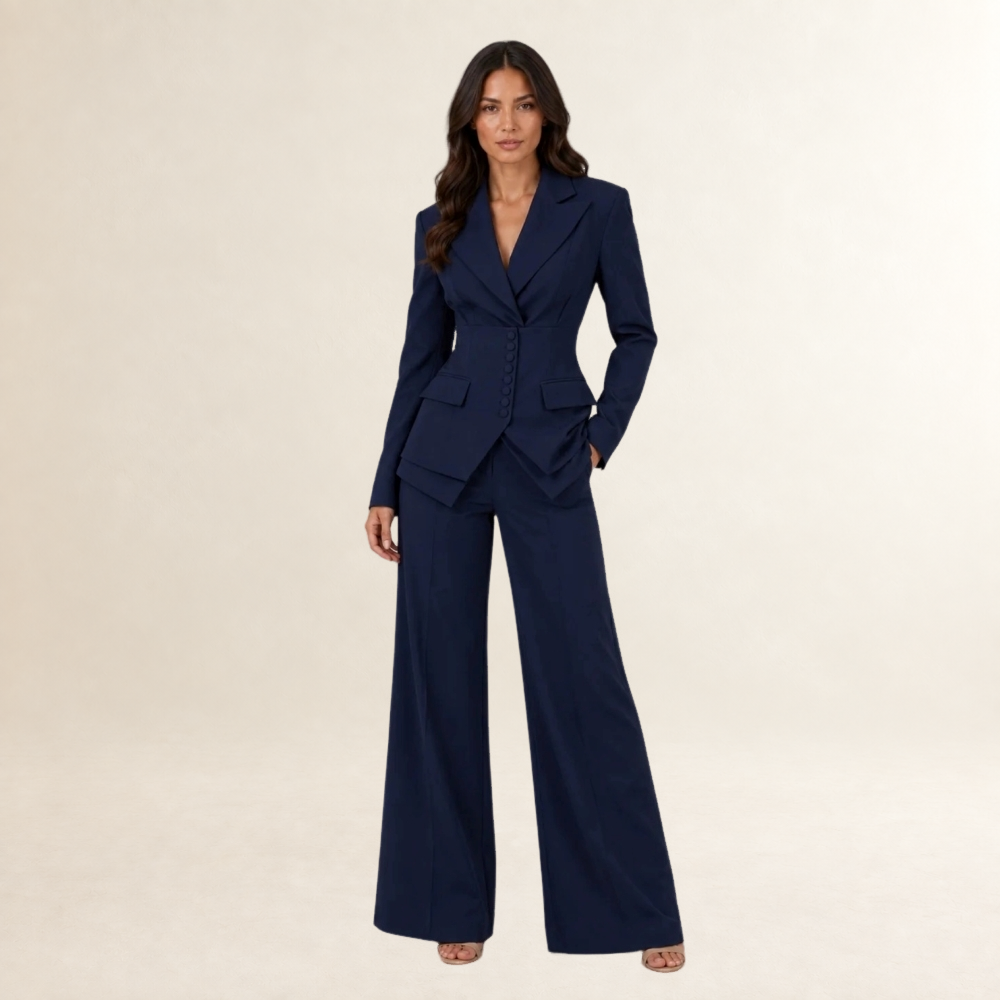 Conjunto de terno feminino de três peças com blazer de abotoamento duplo e calças de perna larga