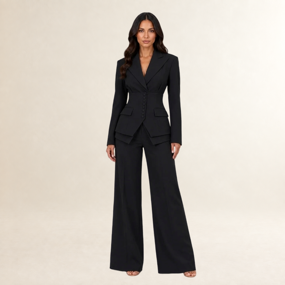 Conjunto de terno feminino de três peças com blazer de abotoamento duplo e calças de perna larga