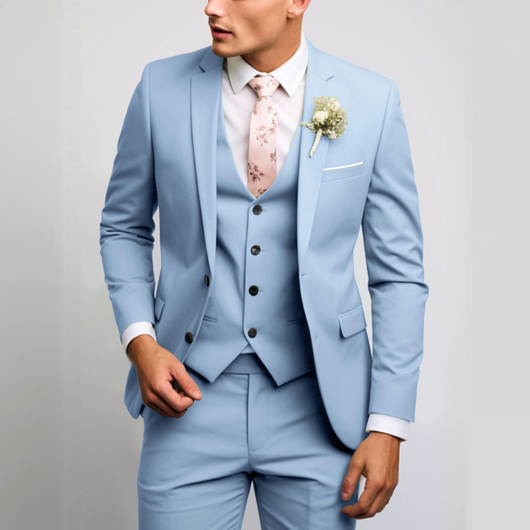 Conjunto de terno masculino com colete - paletó slim, semicurto e calças riscas