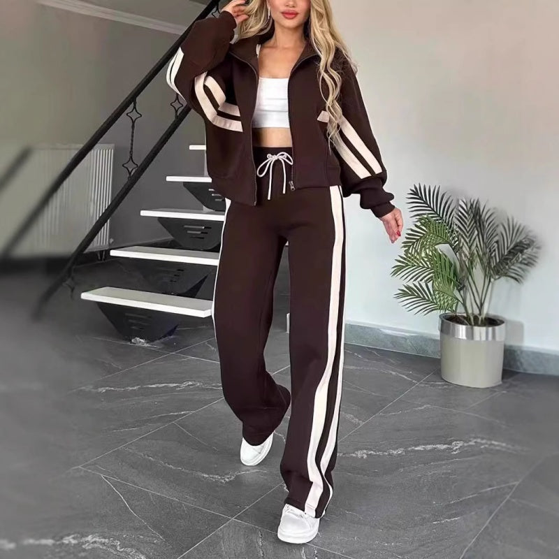 Conjunto esportivo feminino two-piece com jaqueta zip-up e calça wide-leg com listras laterais