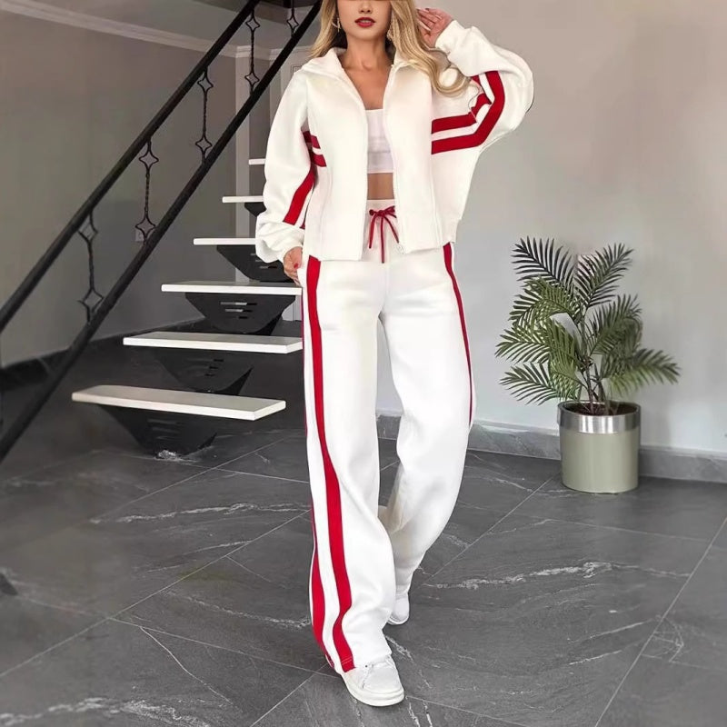 Conjunto esportivo feminino two-piece com jaqueta zip-up e calça wide-leg com listras laterais