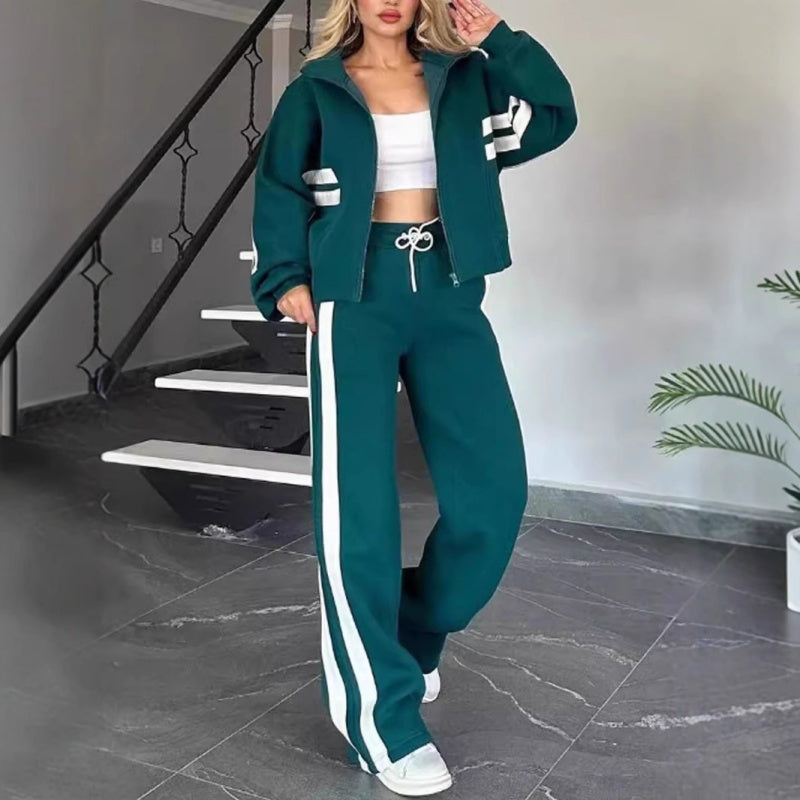 Conjunto esportivo feminino two-piece com jaqueta zip-up e calça wide-leg com listras laterais