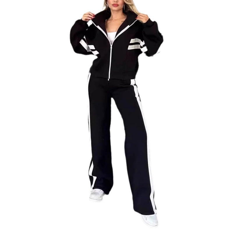 Conjunto esportivo feminino two-piece com jaqueta zip-up e calça wide-leg com listras laterais