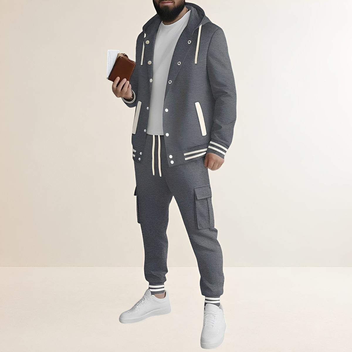 Conjunto esportivo masculino com jaqueta com capuz e fechamento de botões e calças cargo