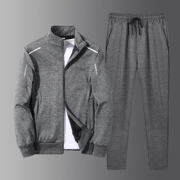 Conjunto esportivo masculino com jaqueta de gola alta e bolsos com zíper