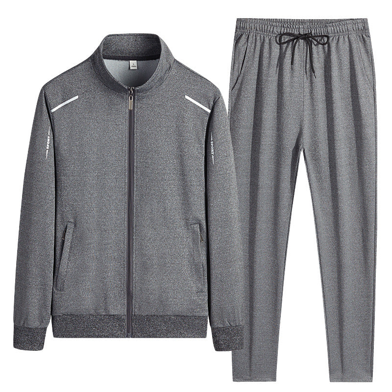 Conjunto esportivo masculino com jaqueta de gola alta e bolsos com zíper
