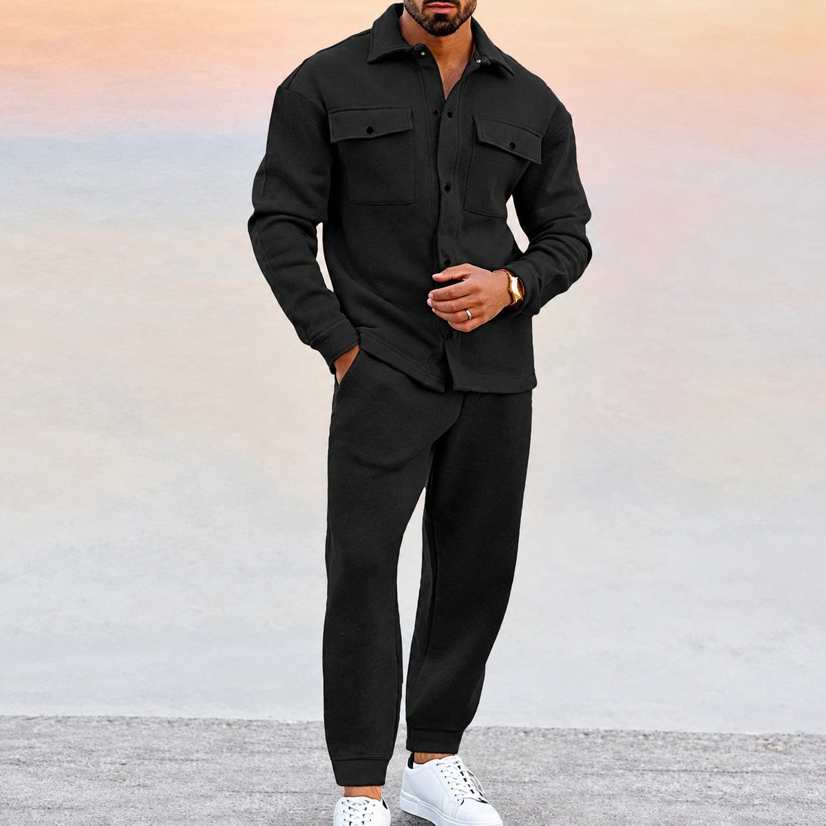 Conjunto esportivo masculino com jaqueta de botões e calças jogger
