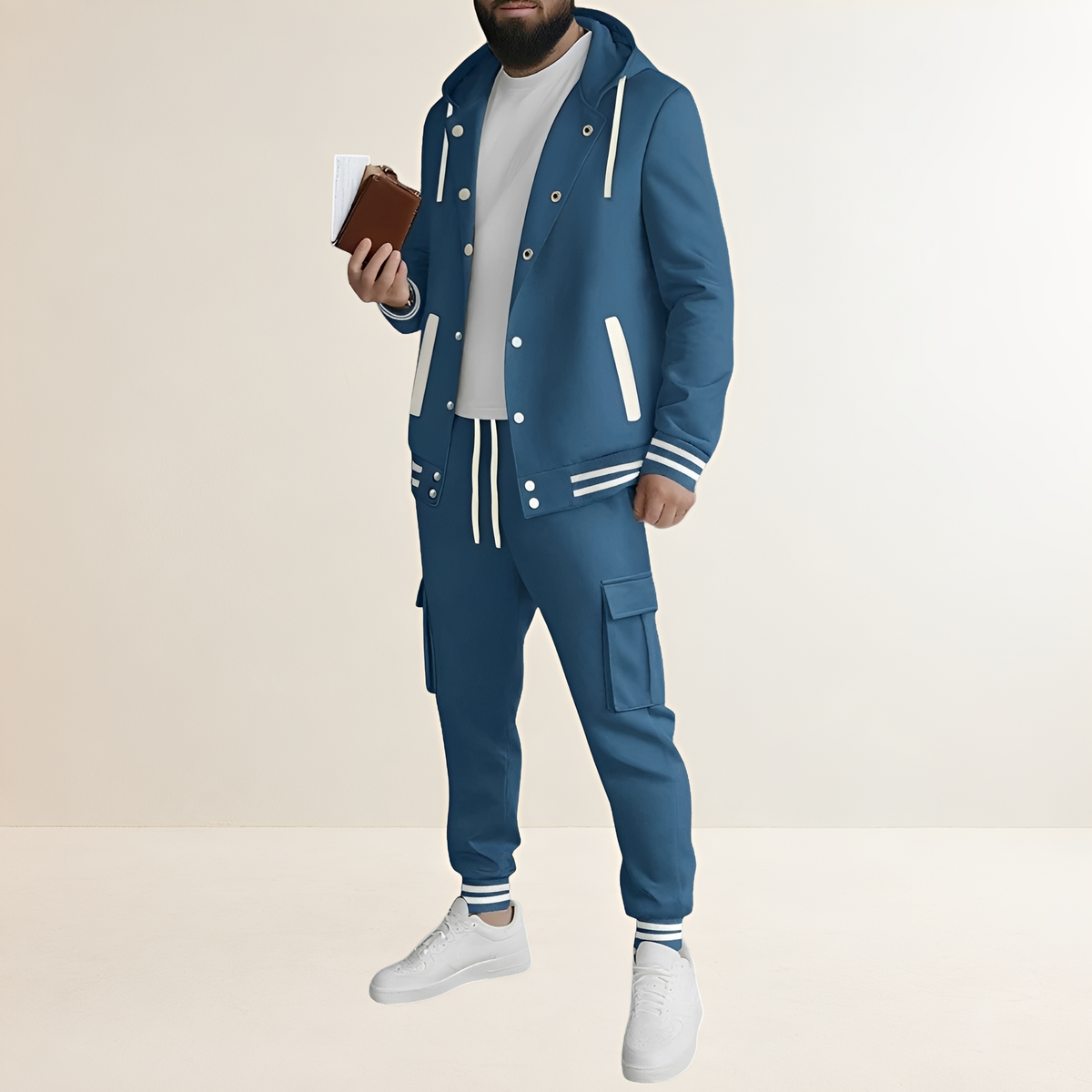 Conjunto esportivo masculino com jaqueta com capuz e fechamento de botões e calças cargo