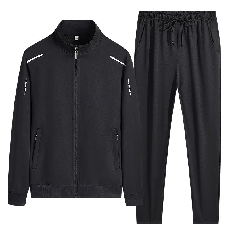 Conjunto esportivo masculino com jaqueta de gola alta e bolsos com zíper
