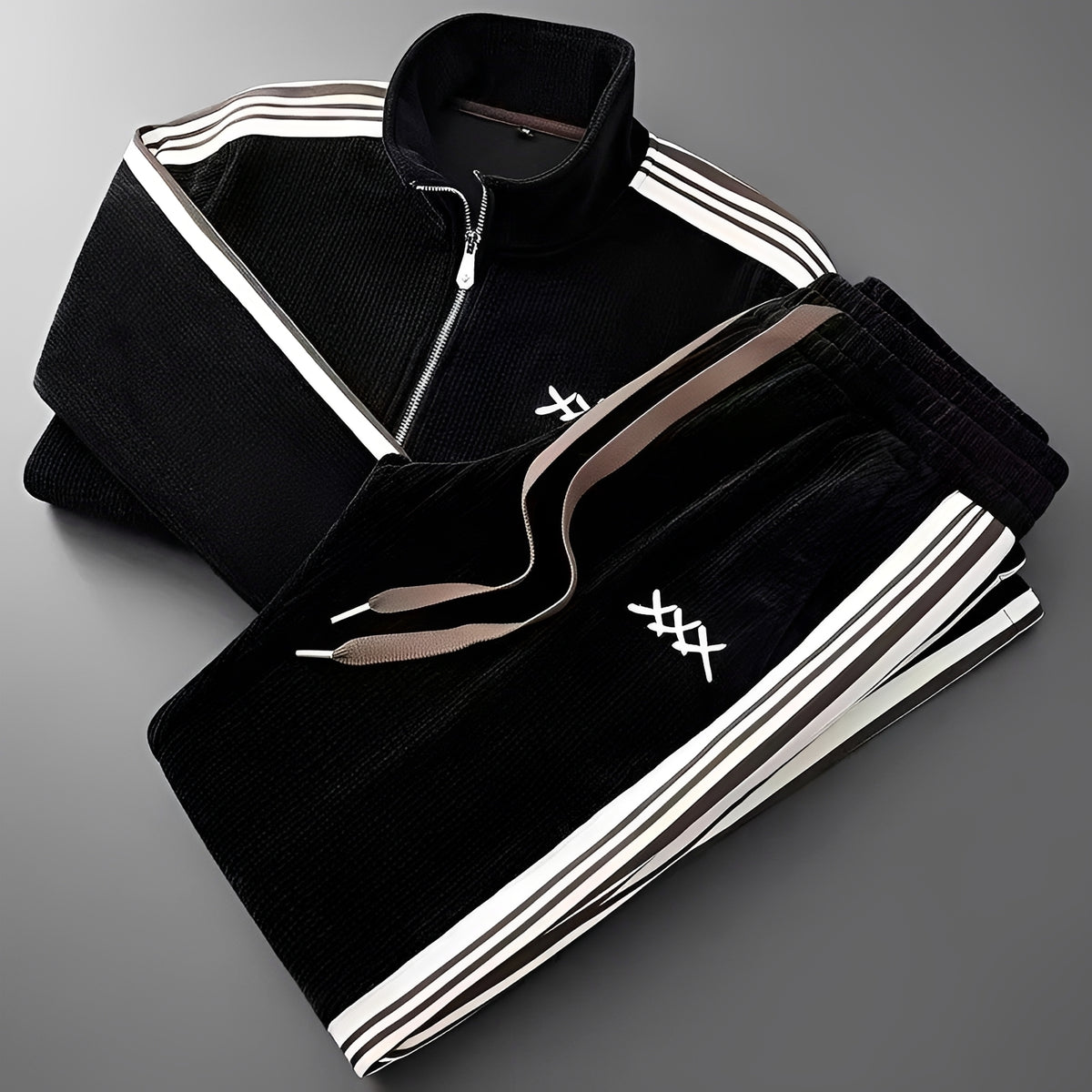 Conjunto esportivo masculino jaqueta com zíper e calças com cordão ajuste