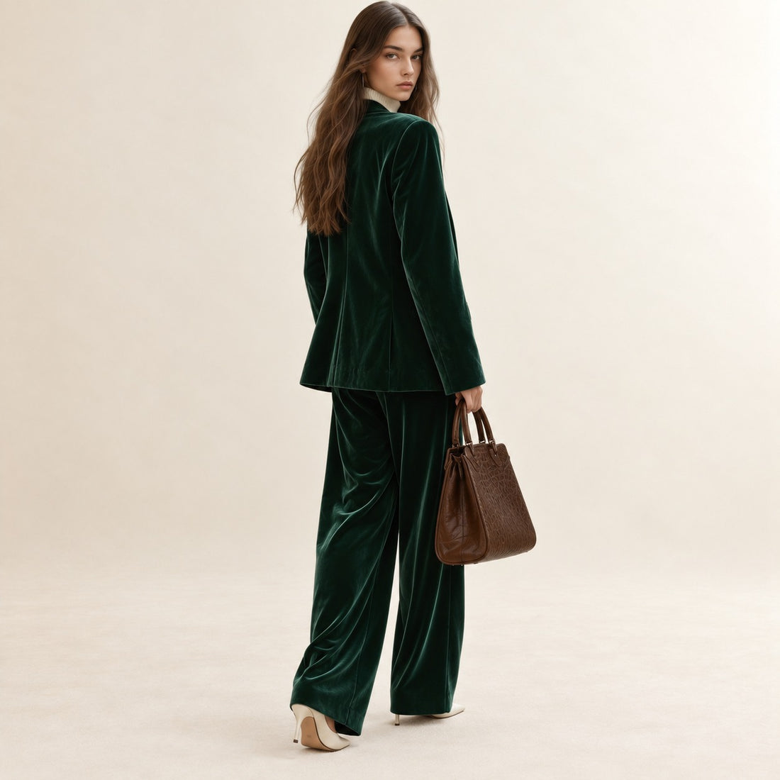 Conjunto feminino blazer e calças de perna larga corte elegante