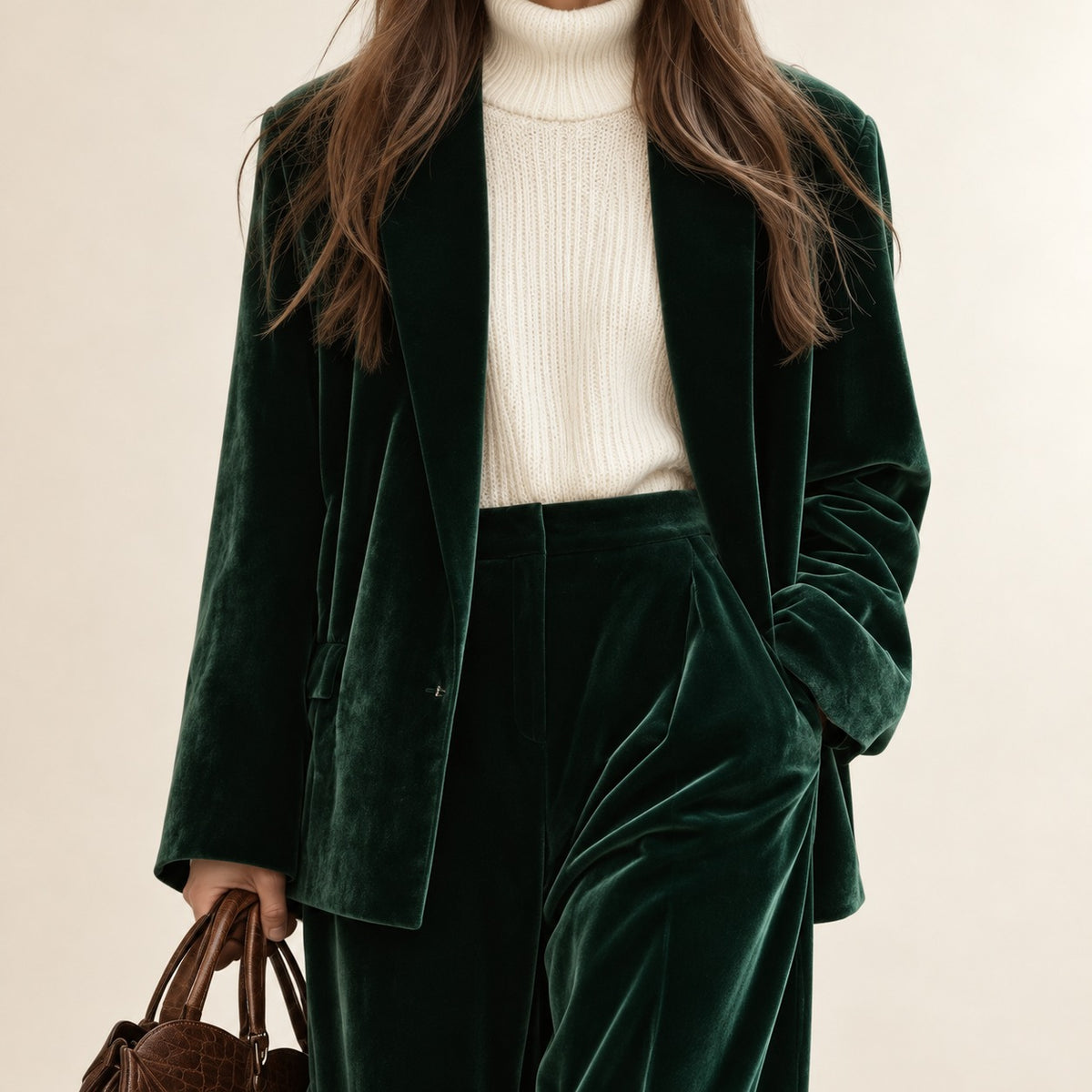 Conjunto feminino blazer e calças de perna larga corte elegante