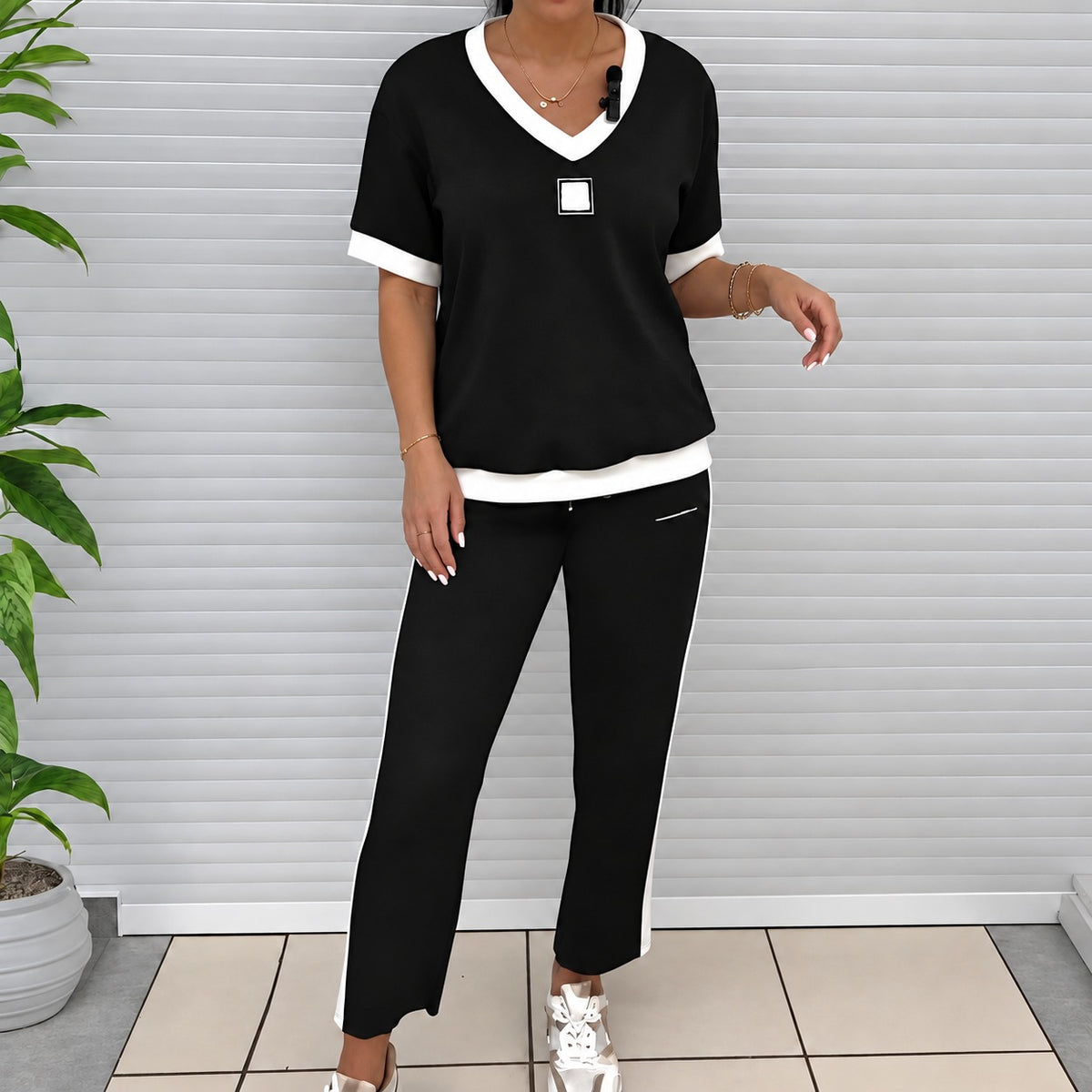 Conjunto feminino blusa de decote V e calça reta - modelagem confortável e estilo casual