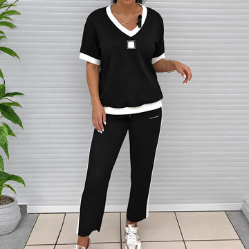 Conjunto feminino blusa de decote V e calça reta - modelagem confortável e estilo casual