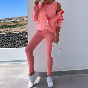 Conjunto feminino com cardigan de manga longa com botões e leggings ajustadas