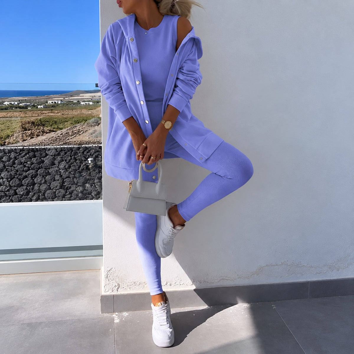 Conjunto feminino com cardigan de manga longa com botões e leggings ajustadas