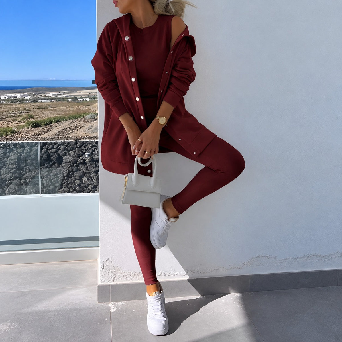Conjunto feminino com cardigan de manga longa com botões e leggings ajustadas