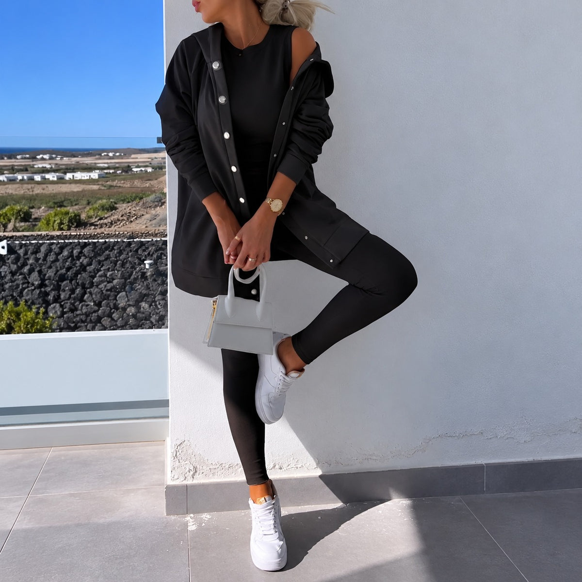 Conjunto feminino com cardigan de manga longa com botões e leggings ajustadas