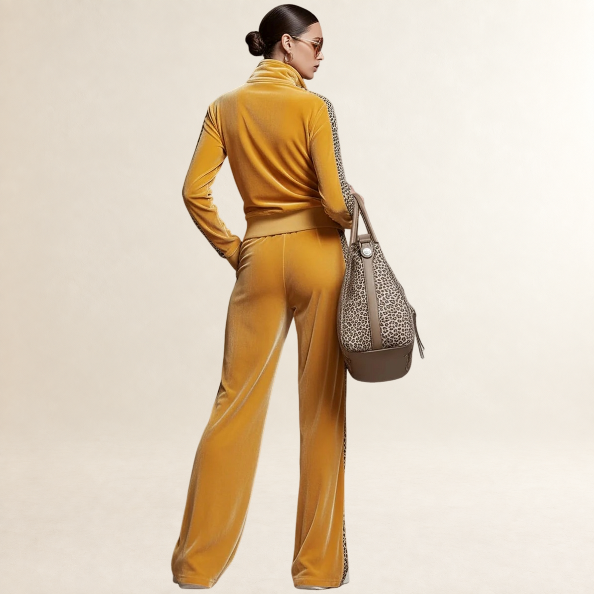 Conjunto feminino com moletom meia-zíper com estampa de onça e calças pantalona de perna larga