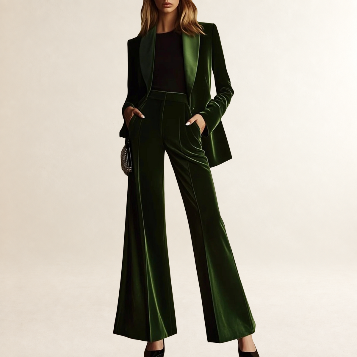 Conjunto feminino de blazer e pantalona flare com corte solto e estilo retrô