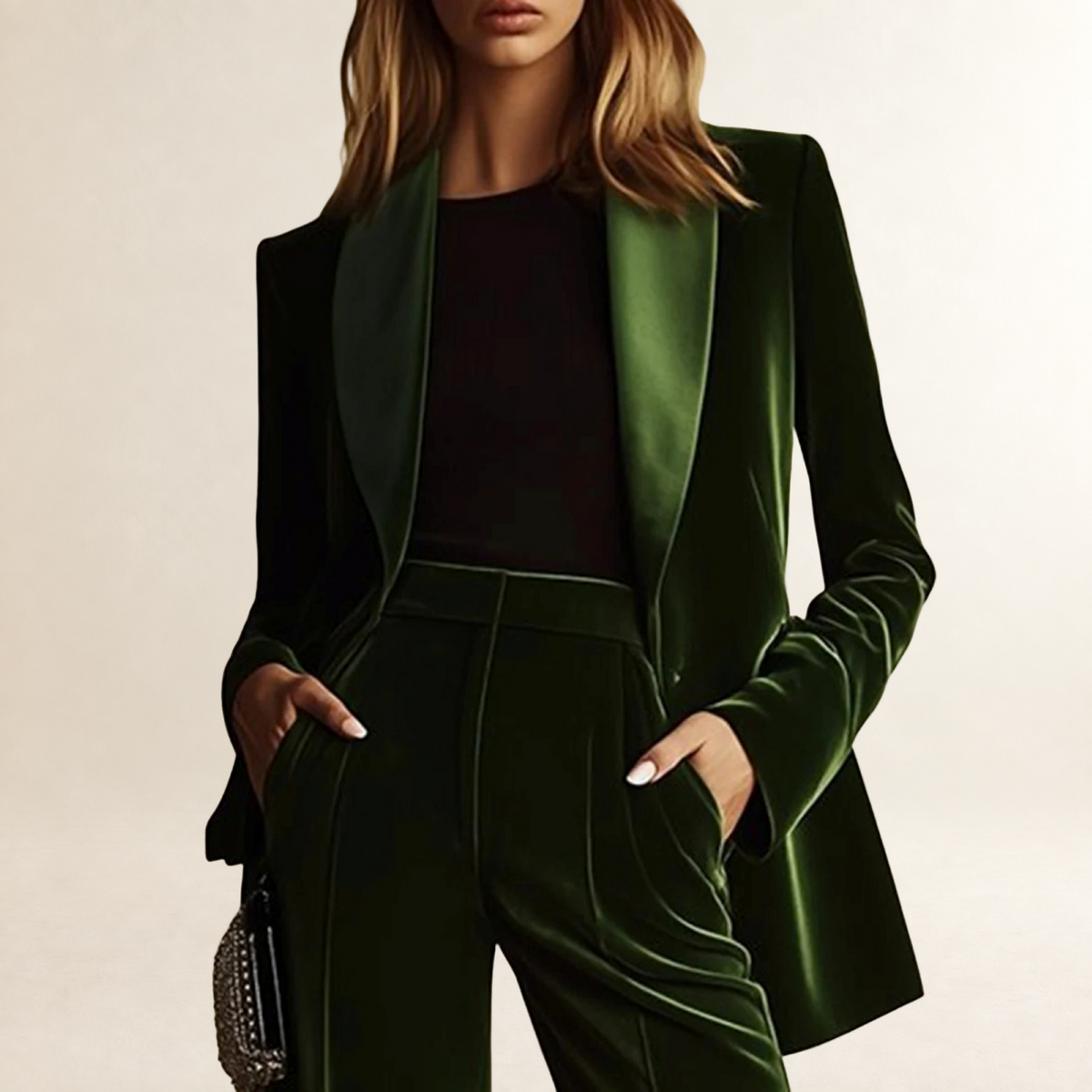 Conjunto feminino de blazer e pantalona flare com corte solto e estilo retrô