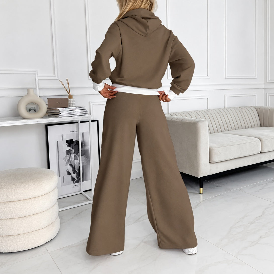Conjunto feminino de moletom com capuz e calça wide-leg, corte relaxed