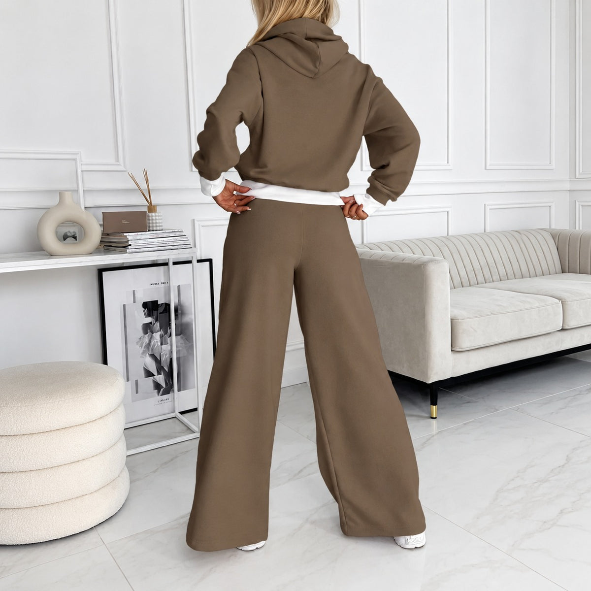 Conjunto feminino de moletom com capuz e calça wide-leg, corte relaxed