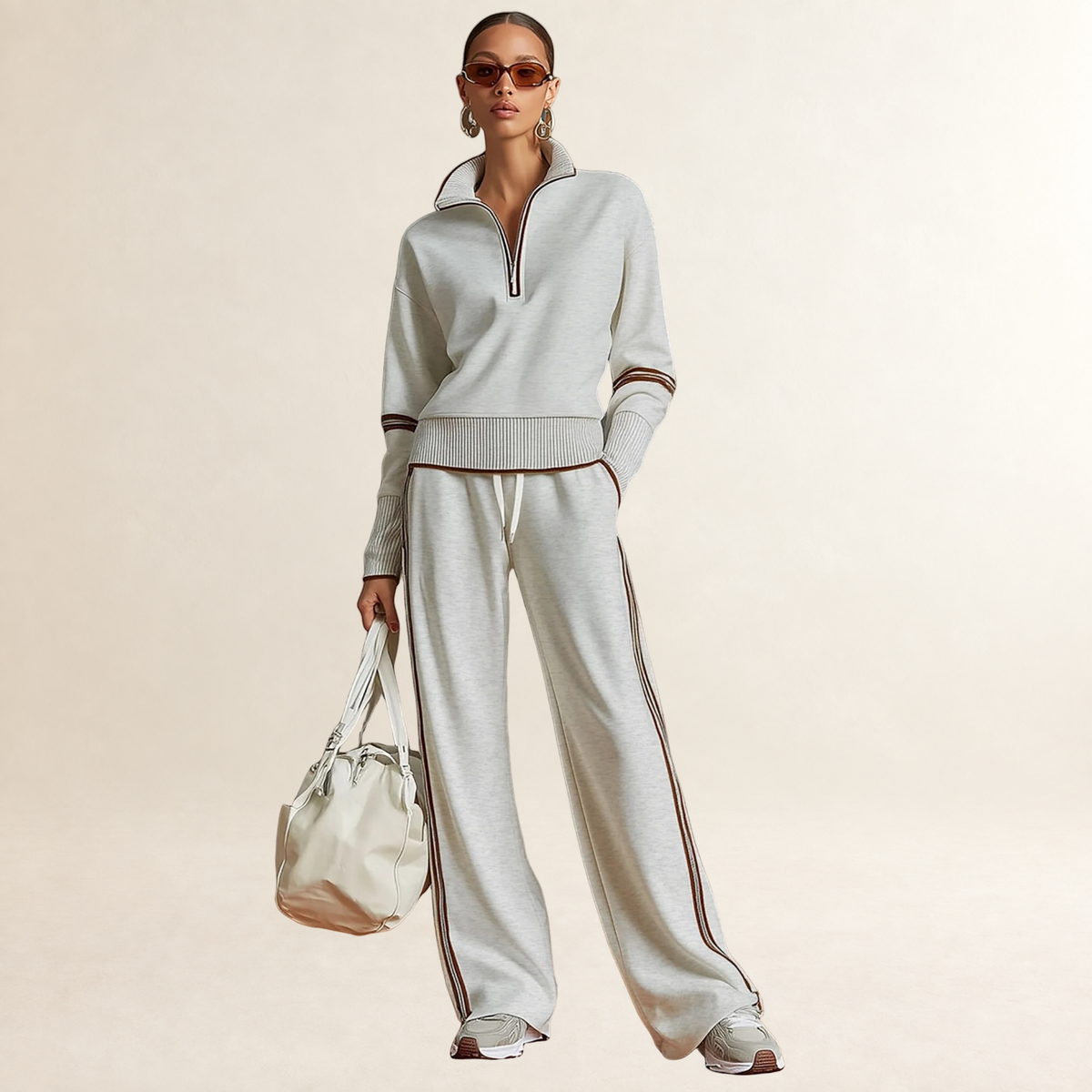 Conjunto feminino de moletom com meia-zíper e calça pantalona listrada esportiva