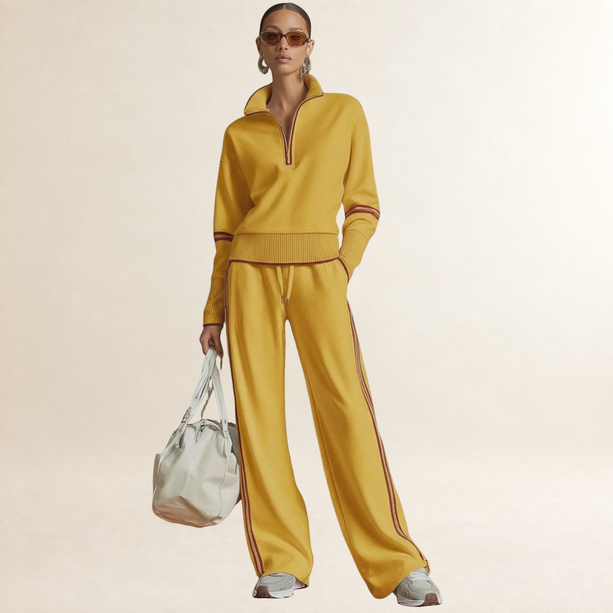 Conjunto feminino de moletom com meia-zíper e calça pantalona listrada esportiva