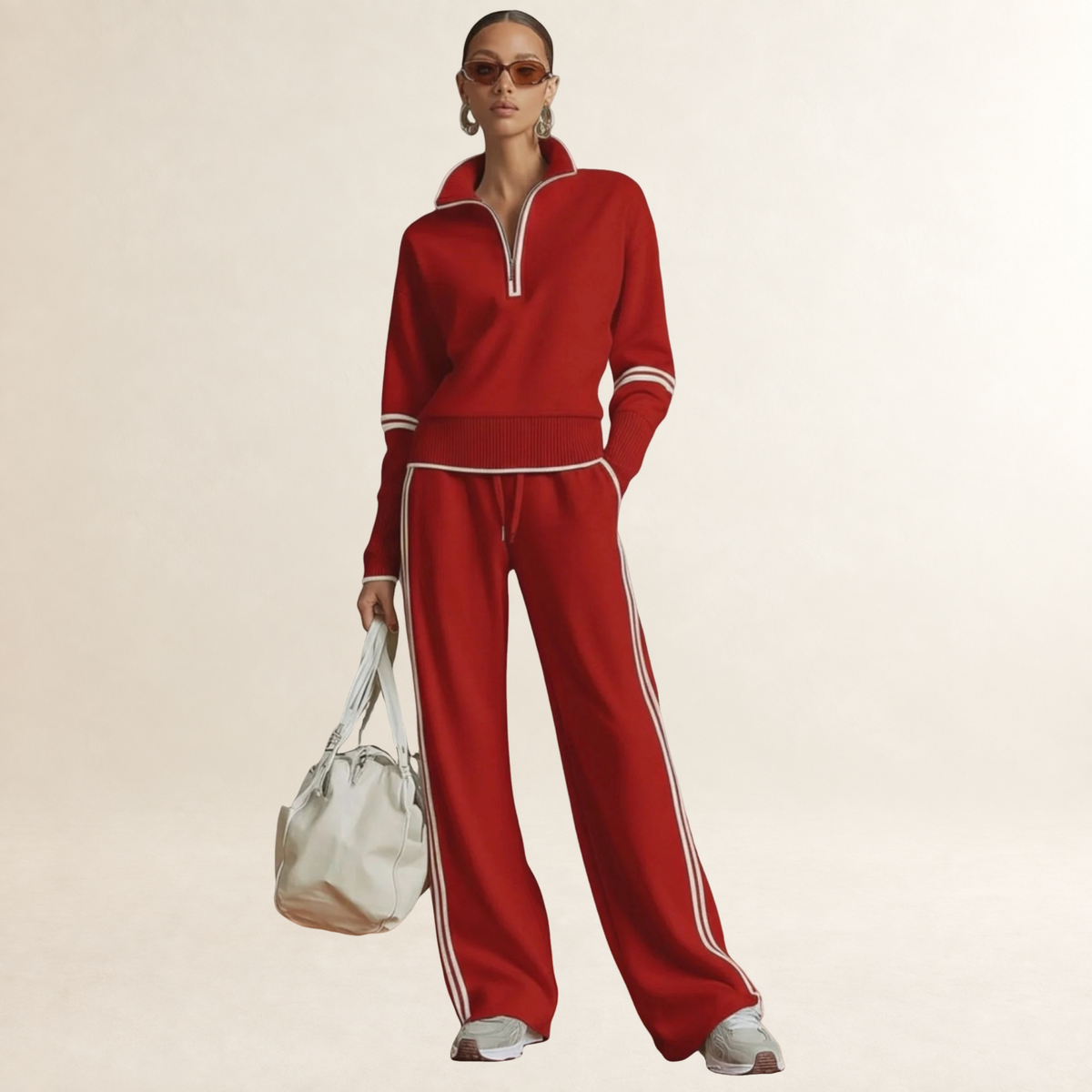 Conjunto feminino de moletom com meia-zíper e calça pantalona listrada esportiva