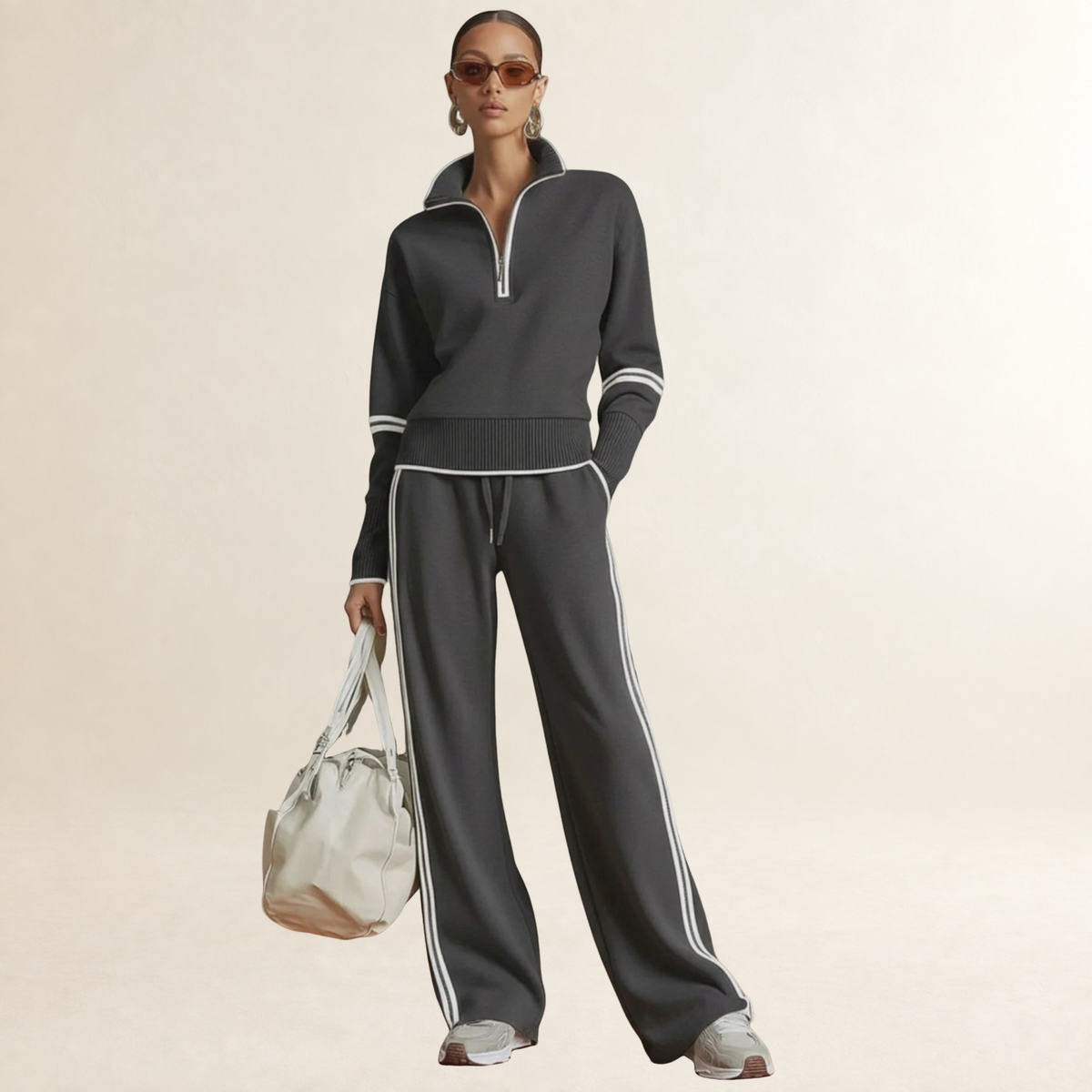 Conjunto feminino de moletom com meia-zíper e calça pantalona listrada esportiva