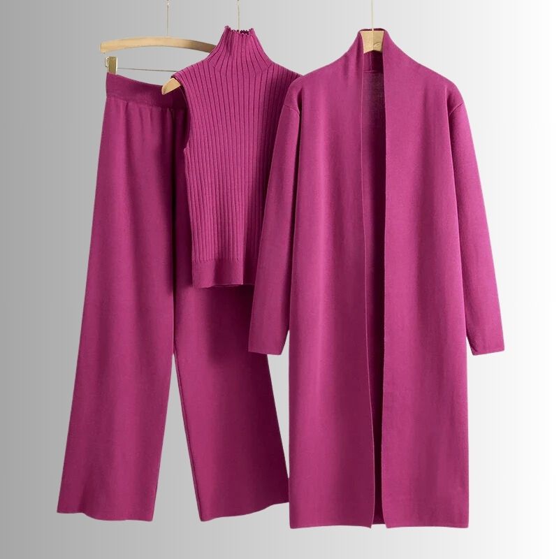 Conjunto feminino de três peças com blusa de gola alta, calças de perna larga e sobreposição
