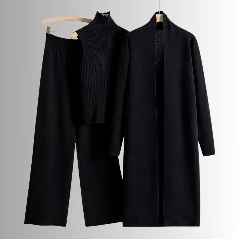 Conjunto feminino de três peças com blusa de gola alta, calças de perna larga e sobreposição