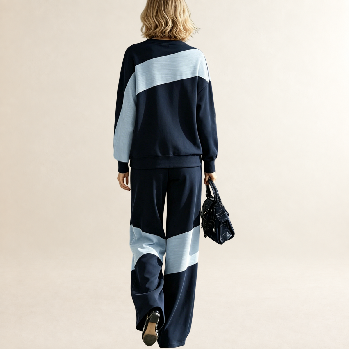 Conjunto feminino moletom e calças esportivas com painéis contrastantes corte relaxado