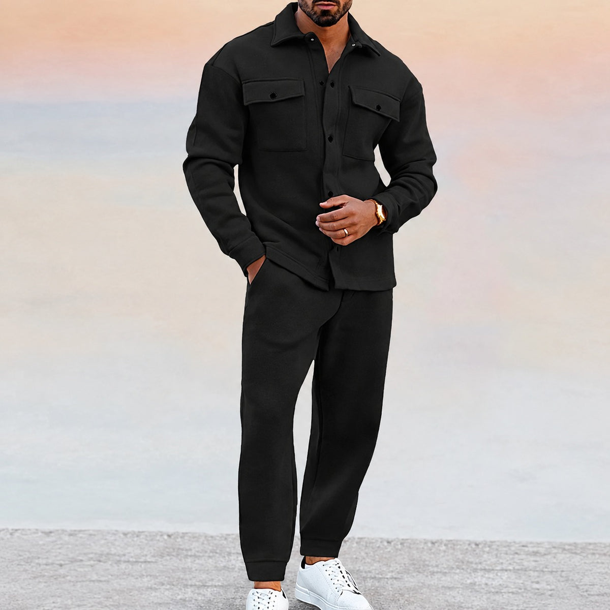 Conjunto masculino com jaqueta casual com botões e calça jogger com elástico na cintura