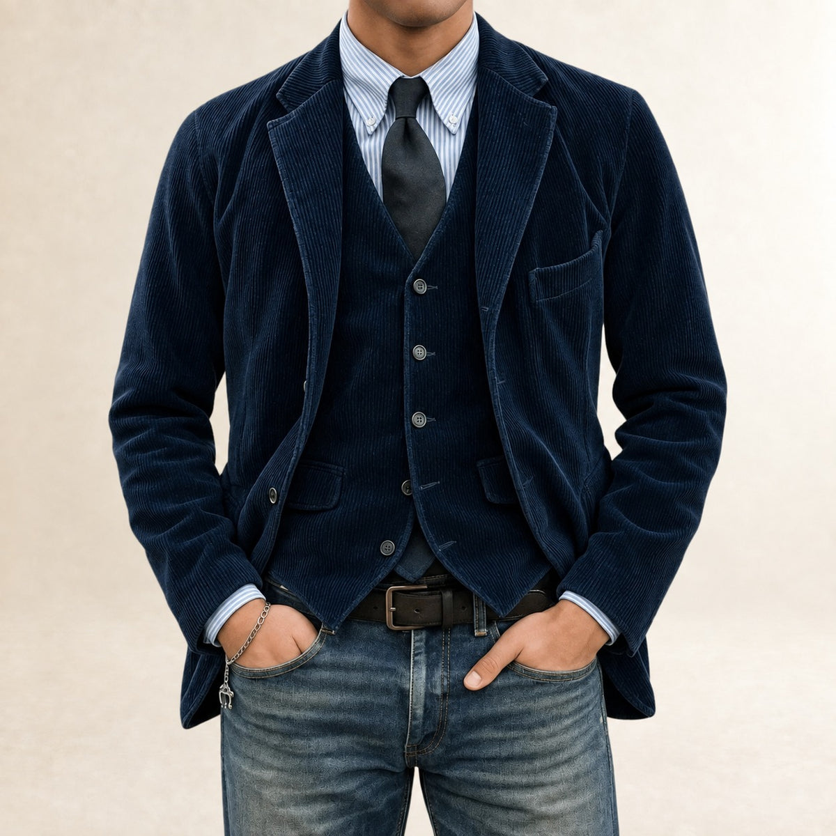 Conjunto masculino de terno com blazer e colete de corte slim e fechamento de botões
