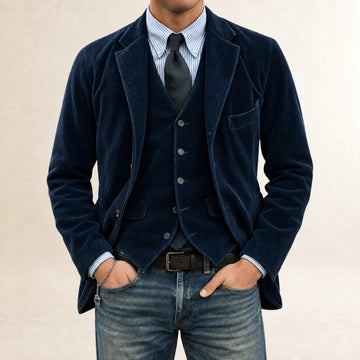 Conjunto masculino de terno com blazer e colete de corte slim e fechamento de botões