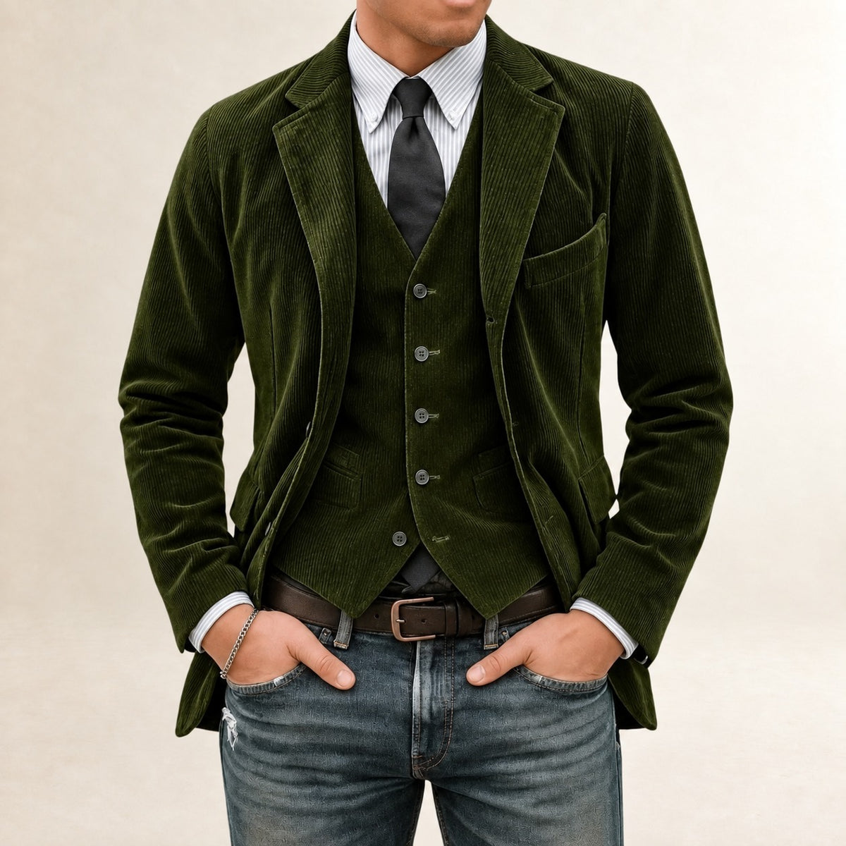 Conjunto masculino de terno com blazer e colete de corte slim e fechamento de botões