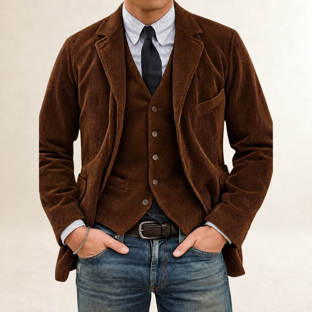 Conjunto masculino de terno com blazer e colete de corte slim e fechamento de botões