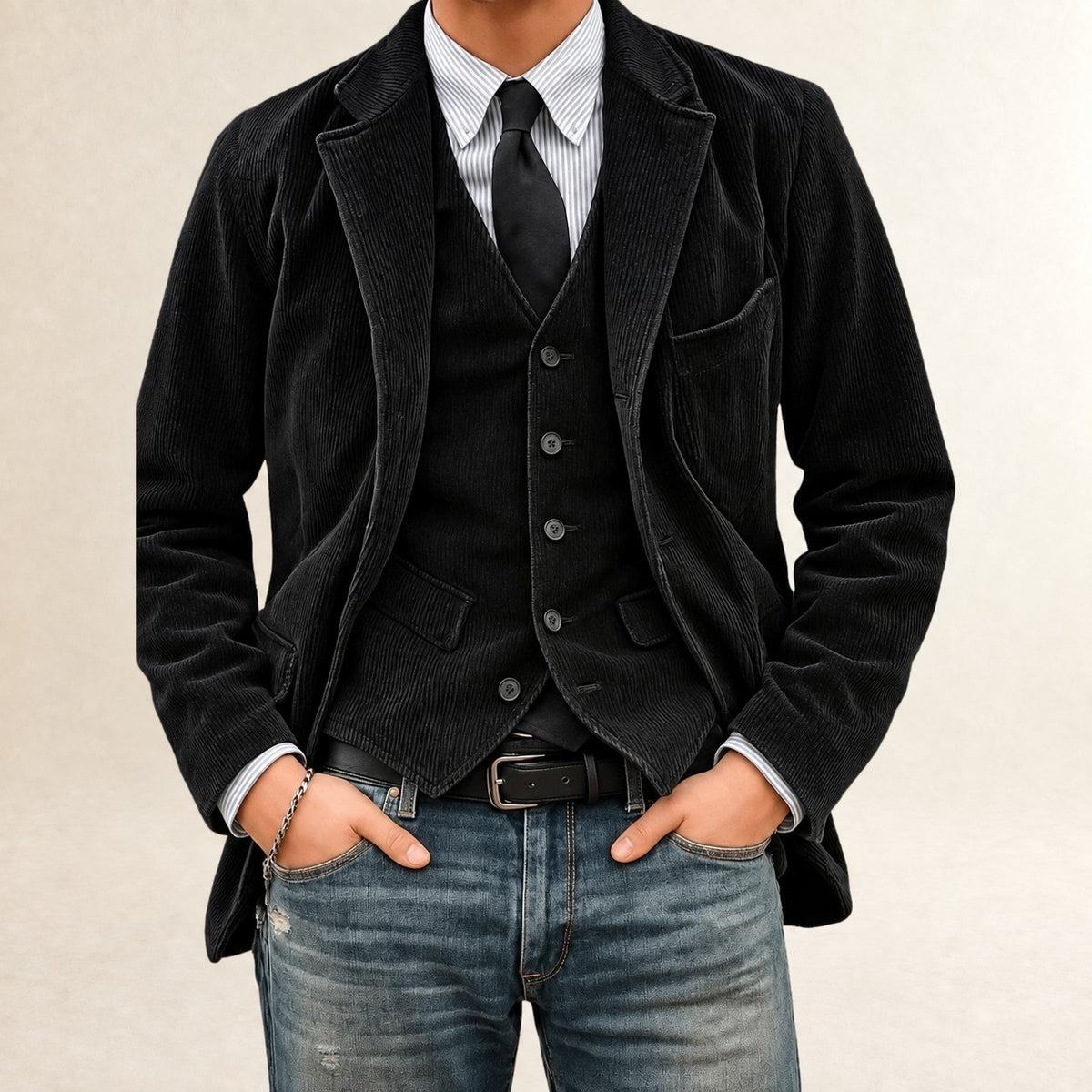 Conjunto masculino de terno com blazer e colete de corte slim e fechamento de botões