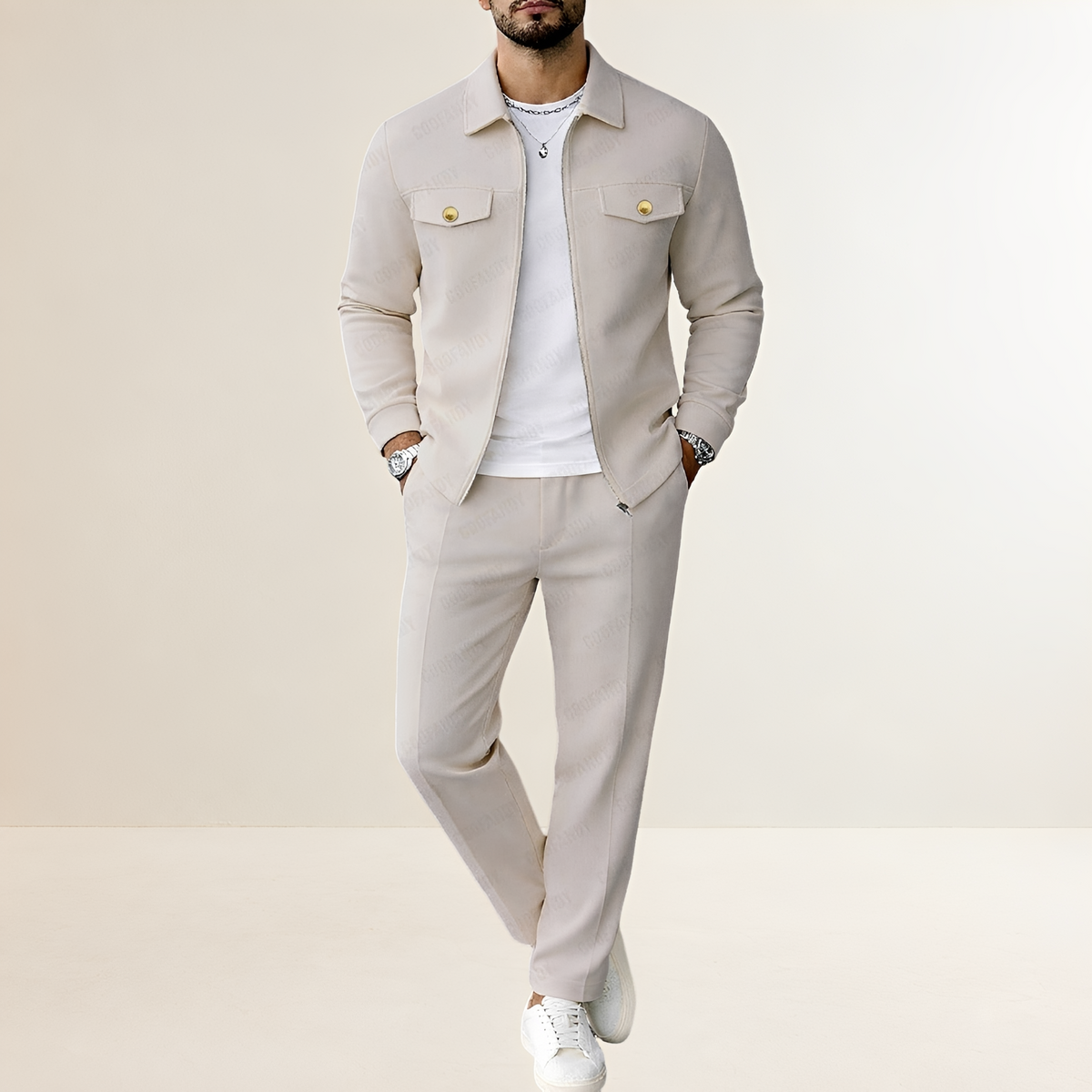 Conjunto masculino - Jaqueta com fechamento de zíper e bolsos no peito calça com cintura elástica e cordão interno ajustável